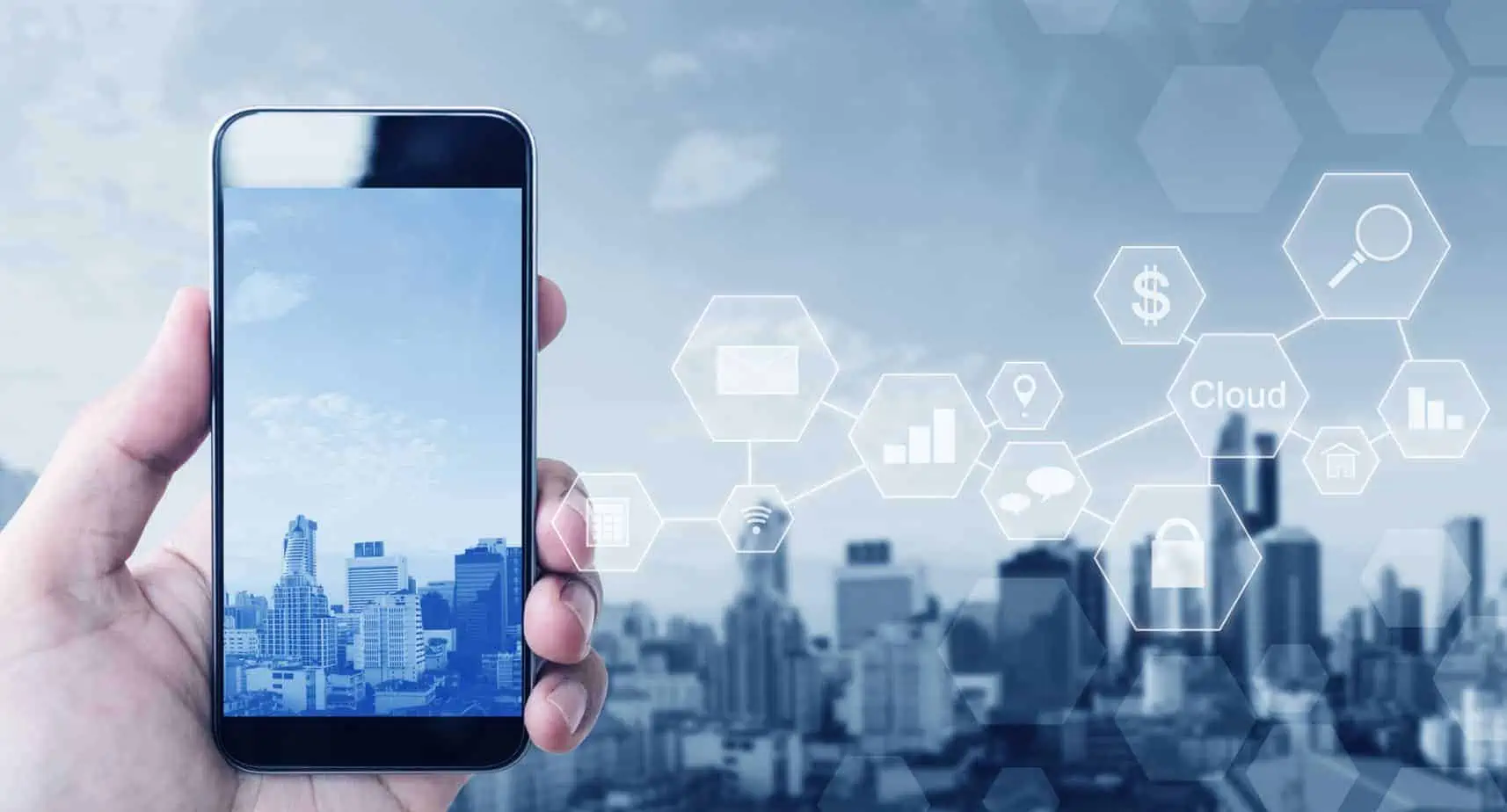 Hand Holding Mobile Smart Phone On City Background With Application Icons 109635266