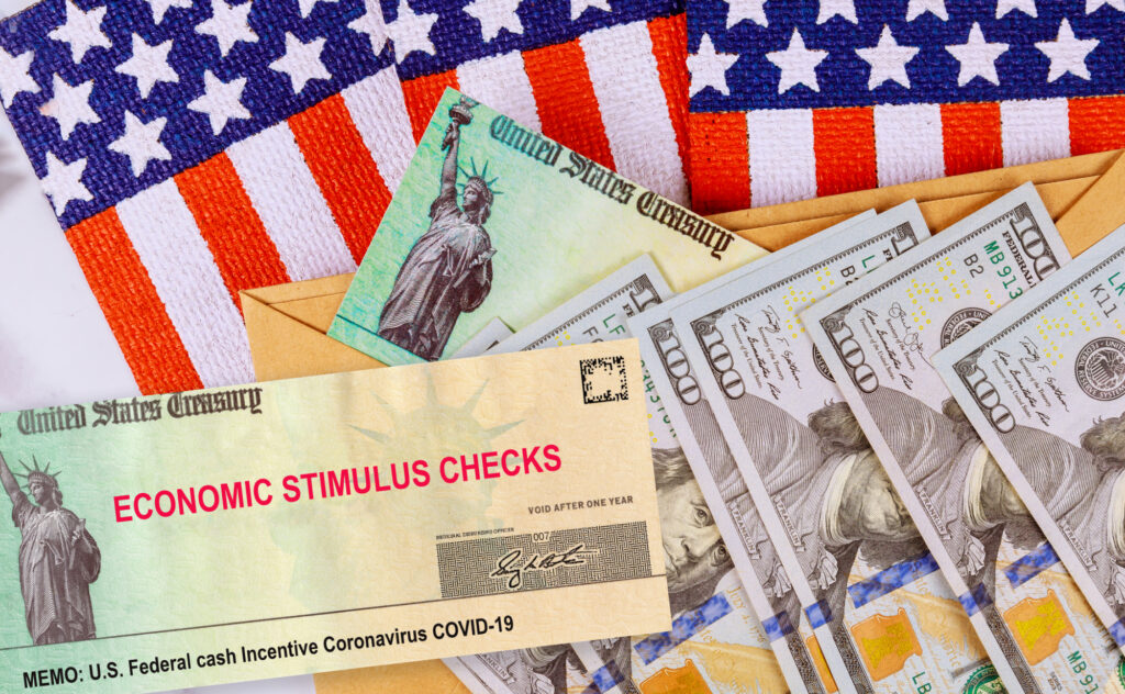 Stimulus Financial A Bill Individual Checks From Government Us 100 Dollar Bills Currency American Flag Global Pandemic Covid 19 178005180