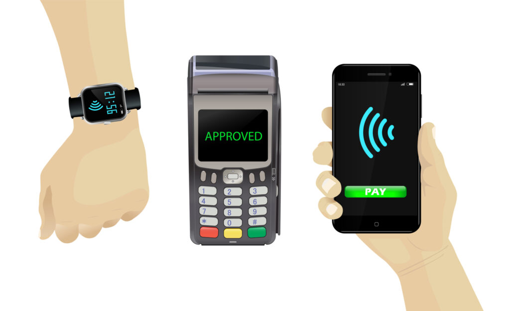 pos terminal smartphone smartwatch contactless payments set 103888539