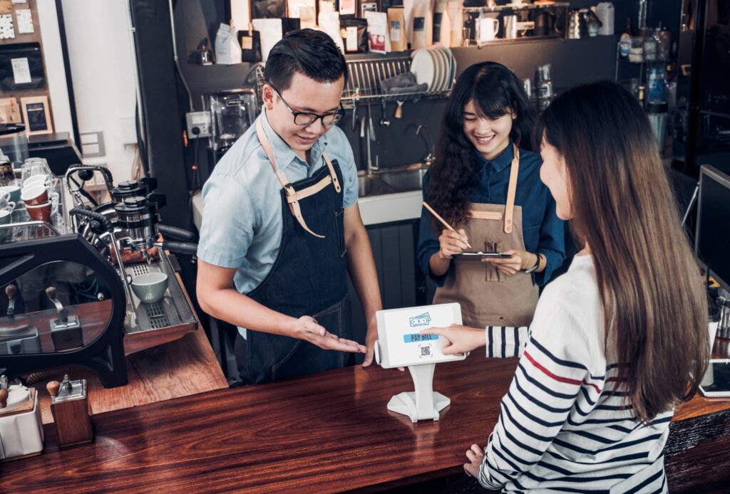 customer self service order drink menu with tablet screen and pa