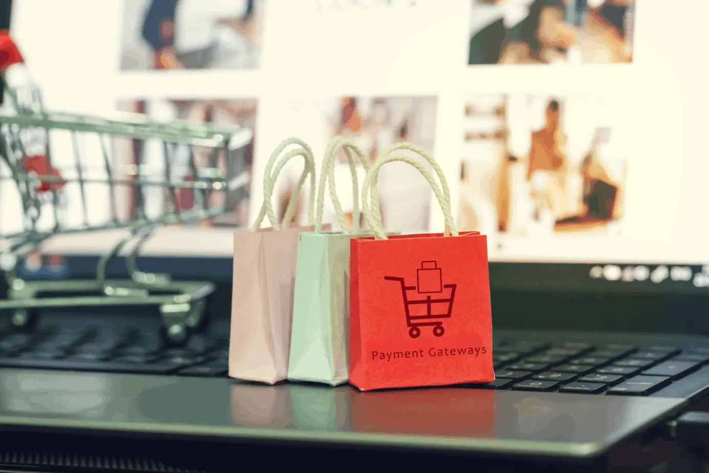 shopping online e commerce concept paper shopping bags on notebook keyboard depicts purchase of products and services on the 202873753