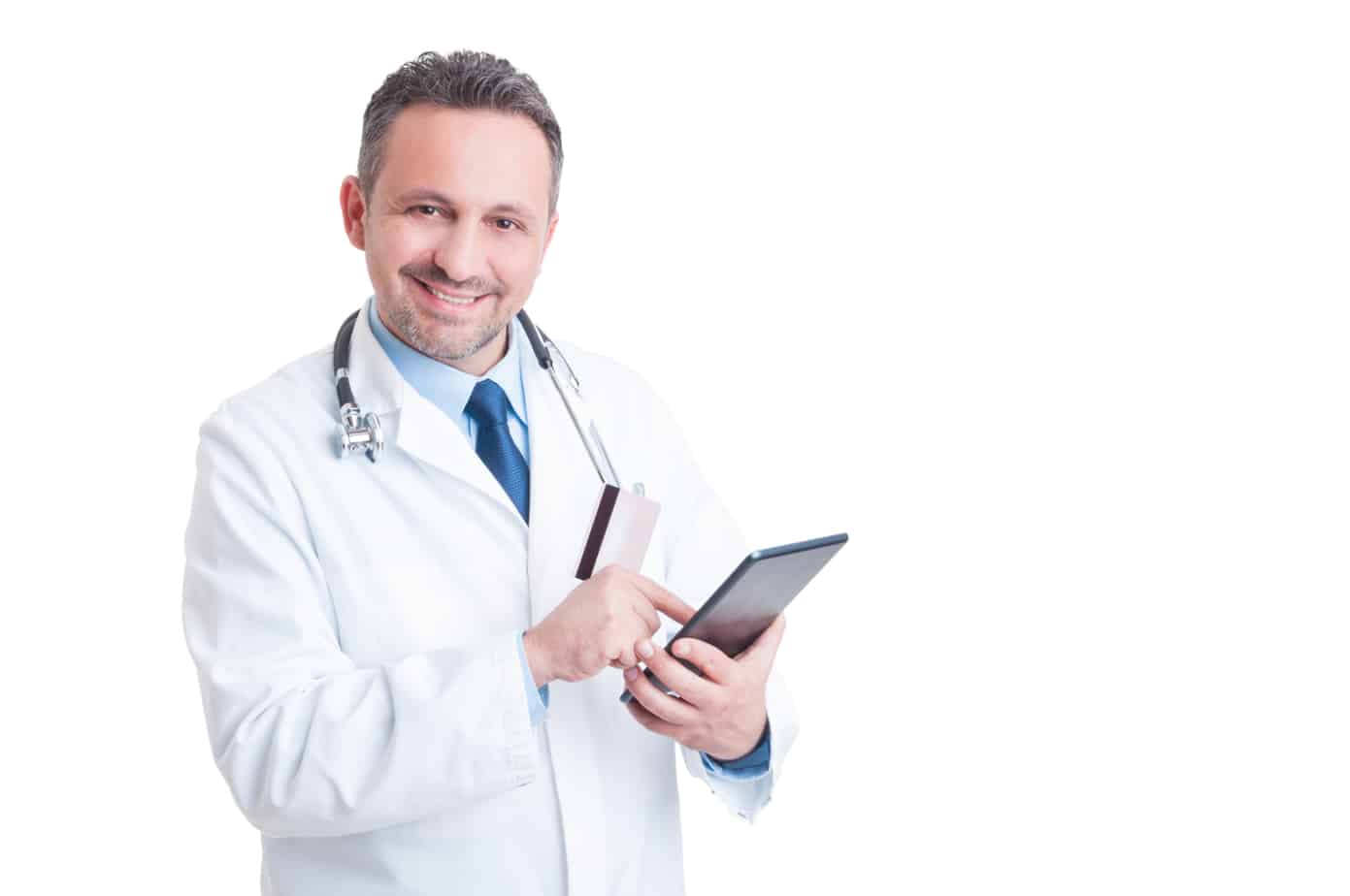 smiling doctor or medic using credit card and wireless tablet 61908444