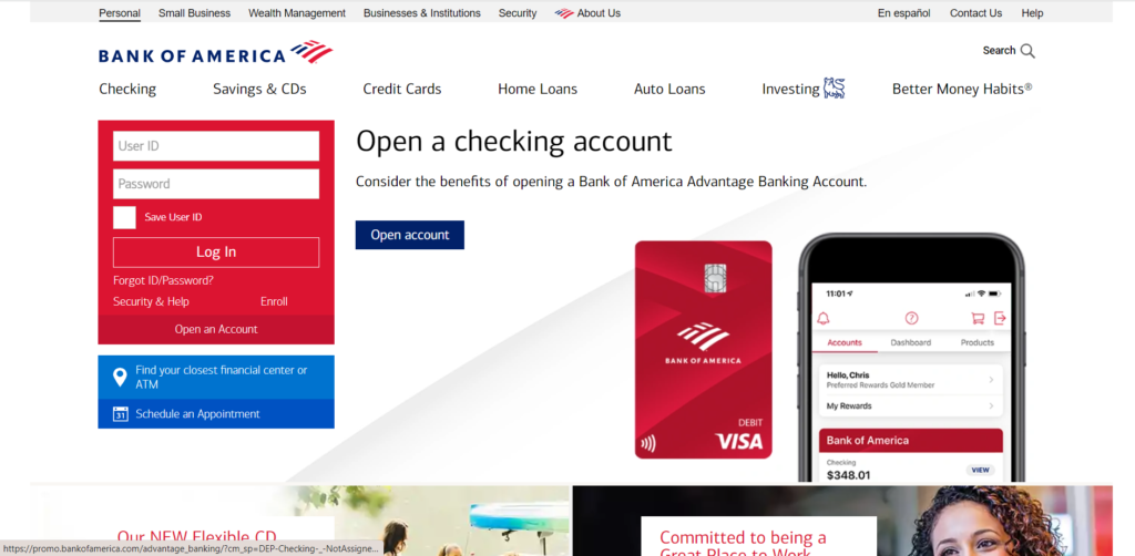 Bank of America website screenshot