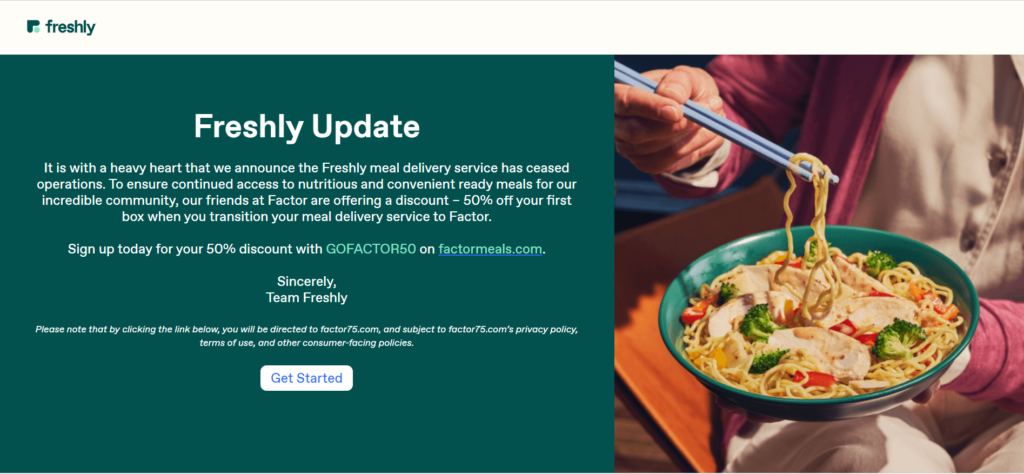 Freshly website screenshot with closing announcement 