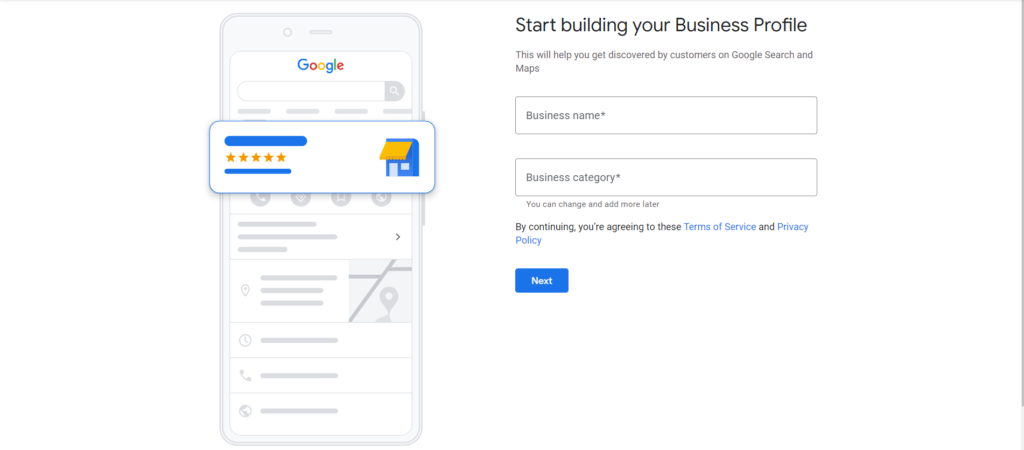 step 1 of google business profile page setup