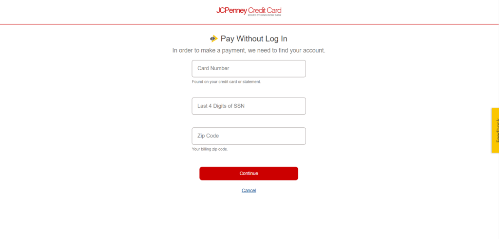 JC credit card payment - pay as guest page