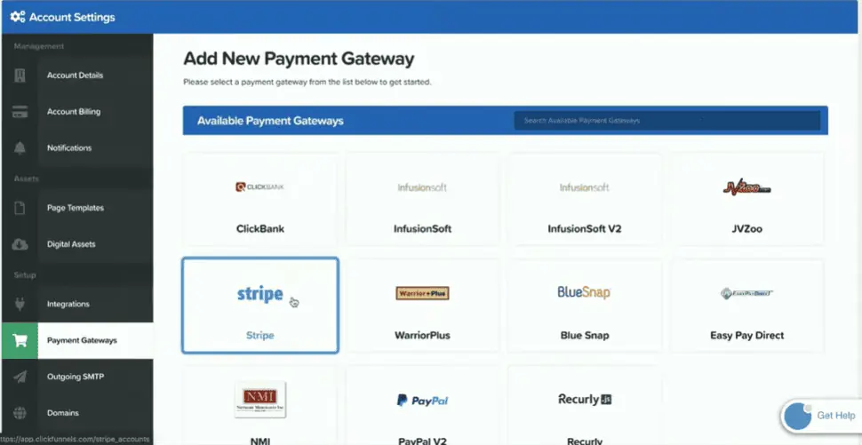 Select stripe as the payment gateway in your clicksfunnel account