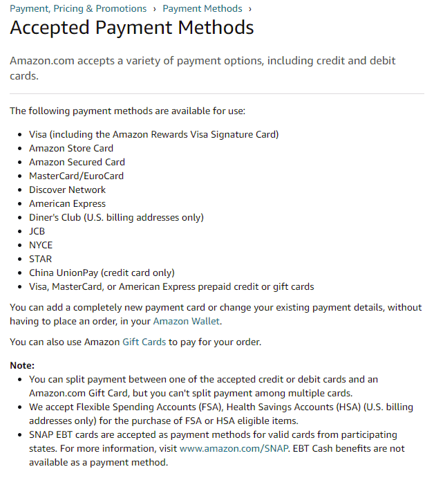 list of acceptable payment systems on Amazon